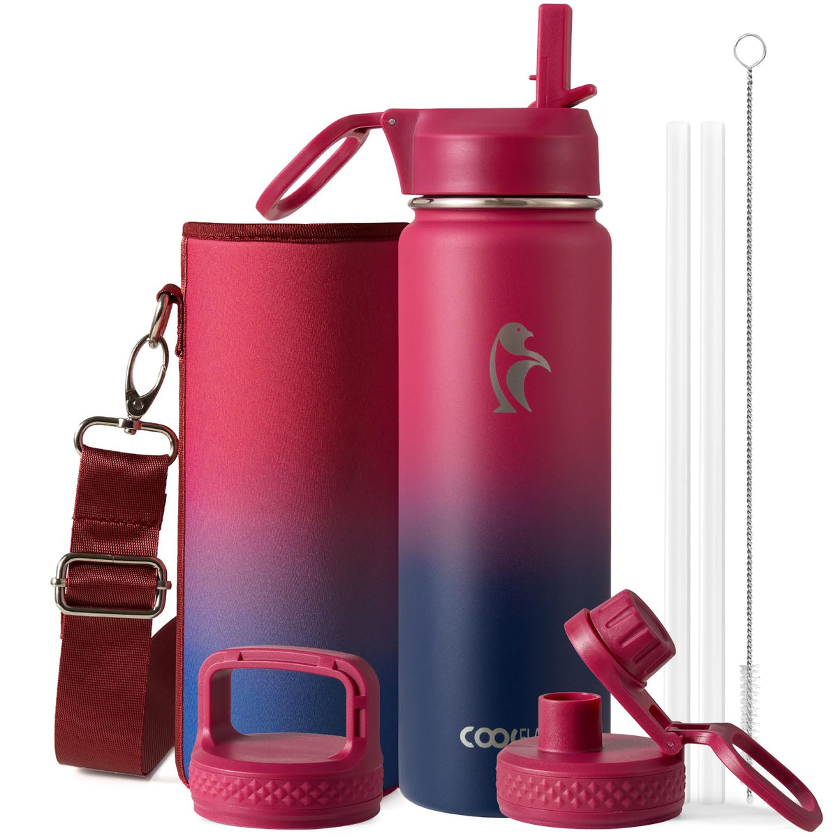 Coolflask Half Gallon Water Bottle Insulated with Straw & 3 Leakproof Lids