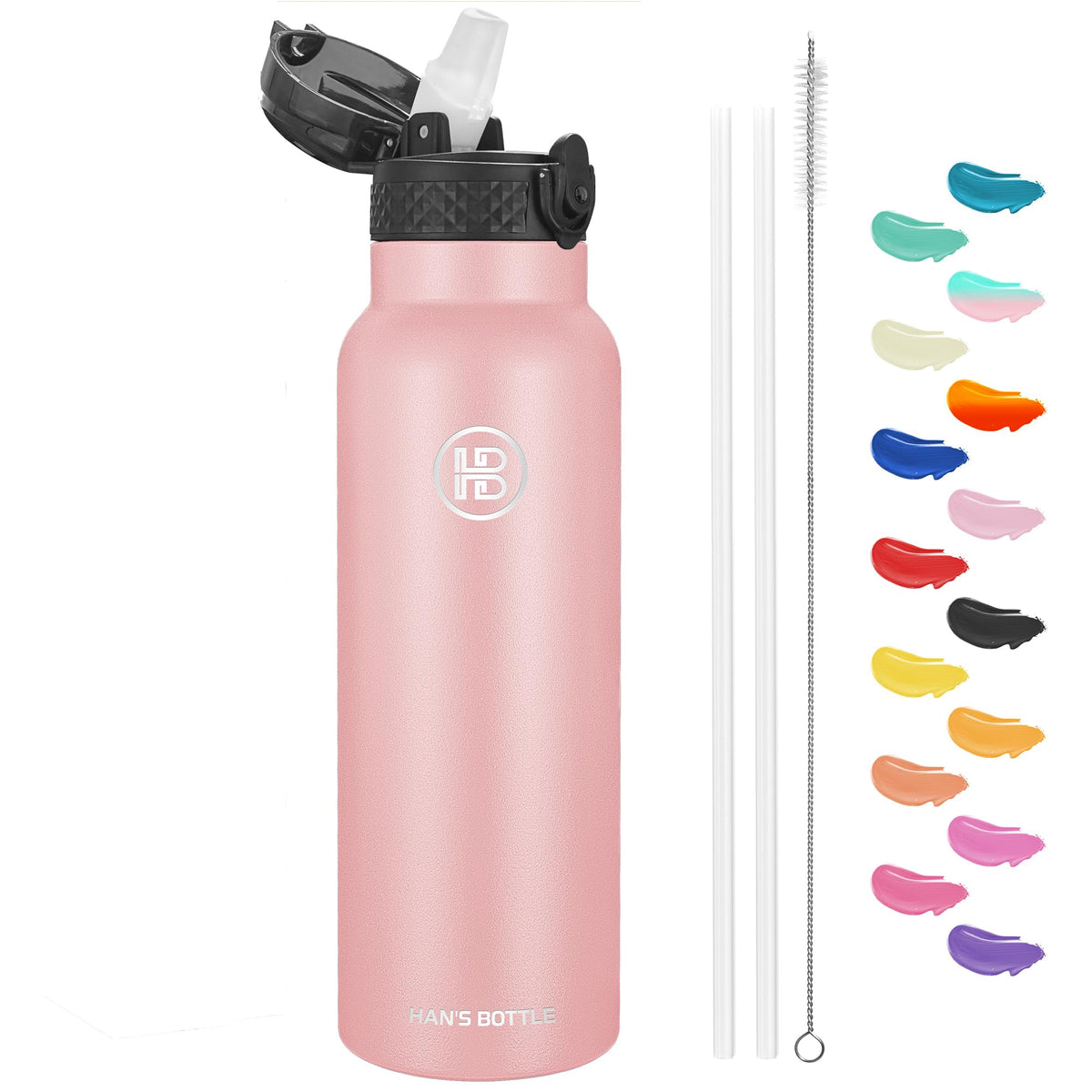 Han's Bottle Sports Water Bottle - 24 Oz, Straw Lid, Leak Proof, Vacuum Insulated Stainless Steel, Double Walled, Thermo Mug,Black