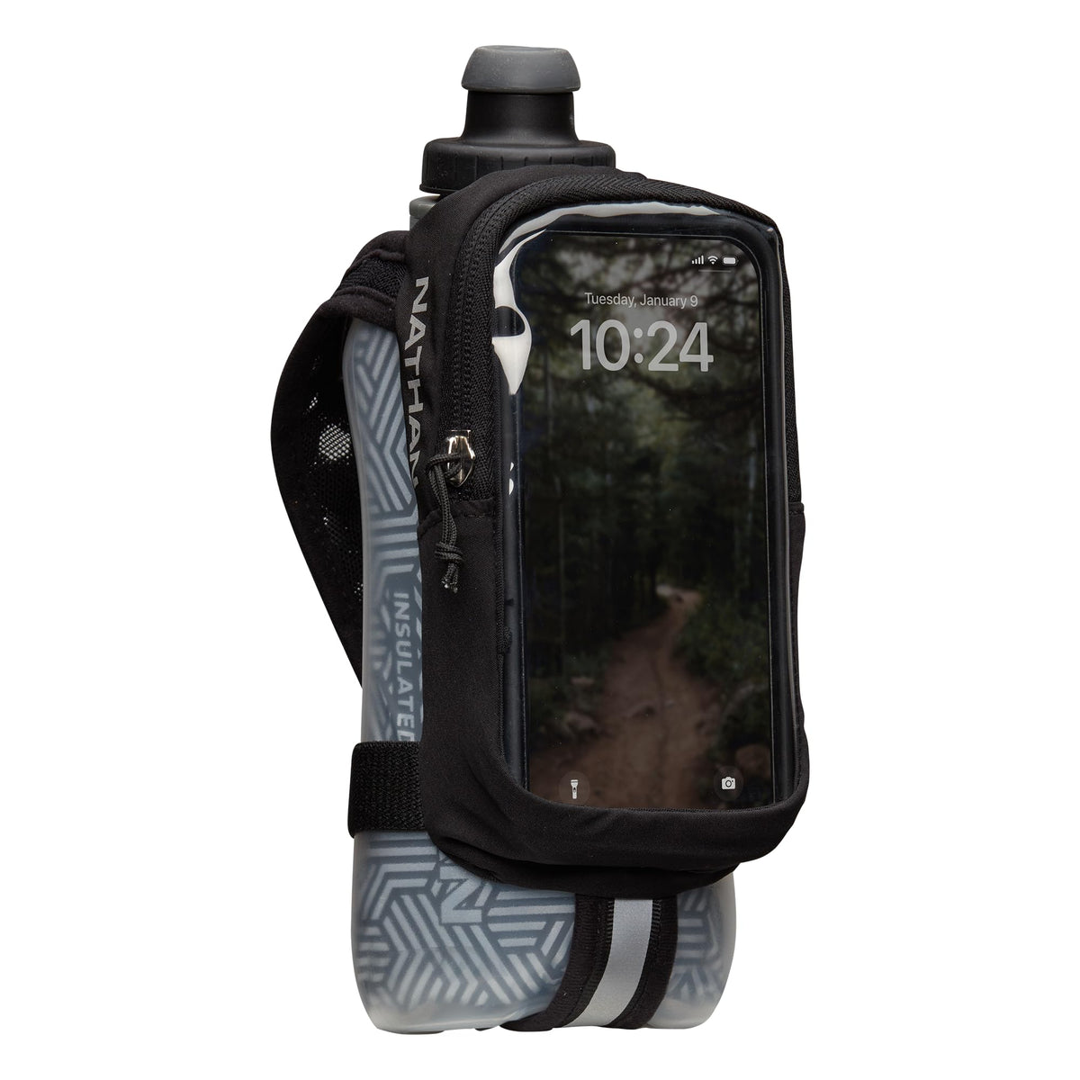 Nathan SpeedDraw 2 Insulated Handheld Running Water Bottle Flask – Double-Wall Insulation, Ergonomic Grip, Blast Valve Cap, Phone & Key Storage Pockets, Reflective Design - 18oz, Deep Blue