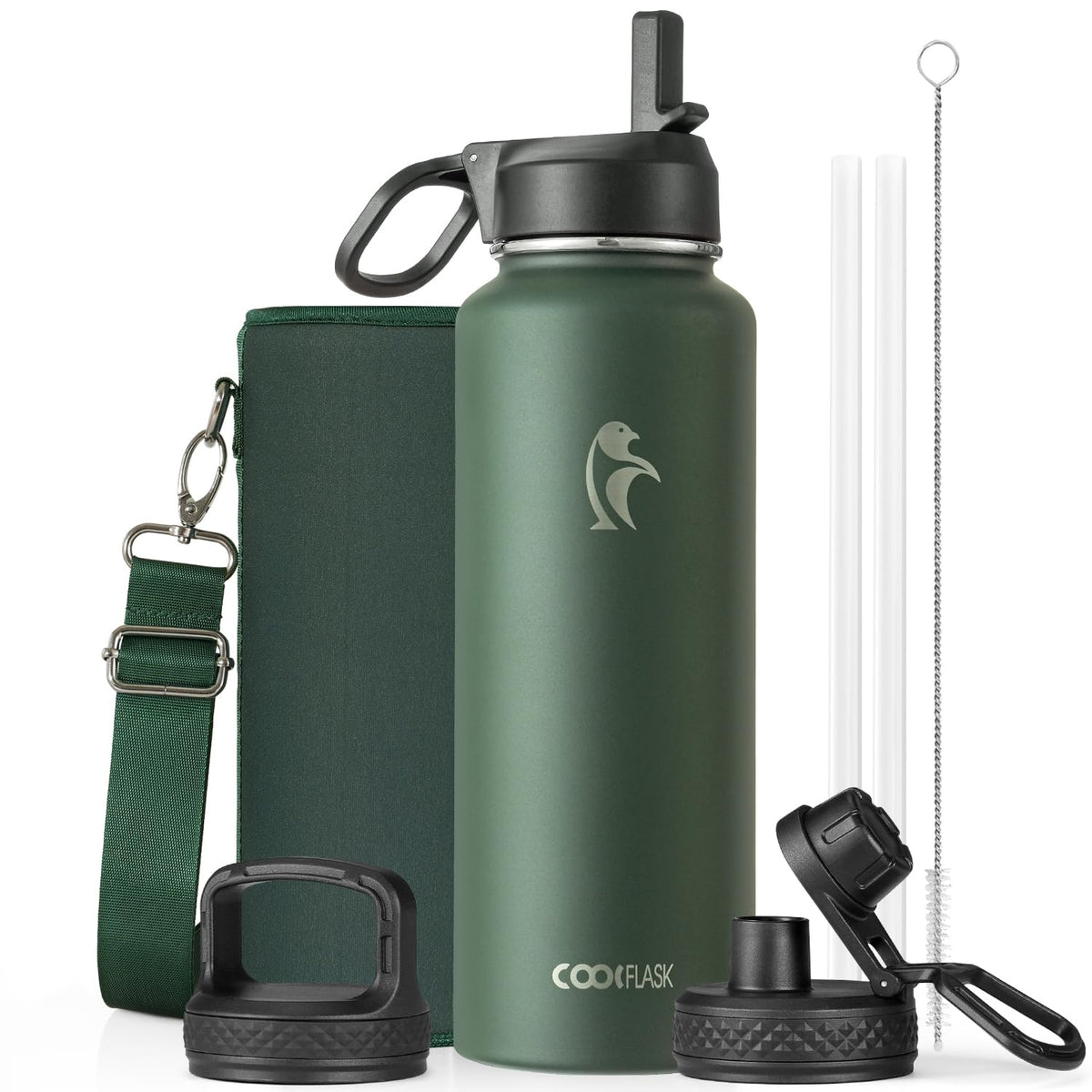 Coolflask 40 oz Water Bottle Insulated with Straw & 3 Leakproof Lids