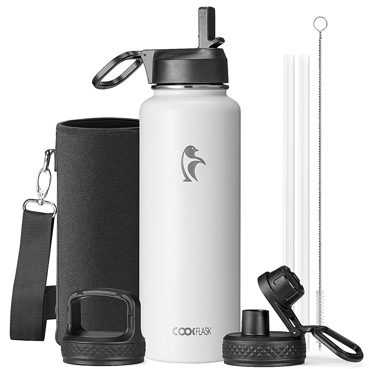Coolflask 40 oz Water Bottle Insulated with Straw & 3 Leakproof Lids