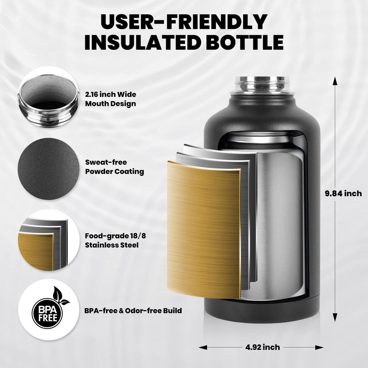 RAYMYLO Insulated Water Bottle 64 oz, Triple Wall Vacuum Stainless Steel