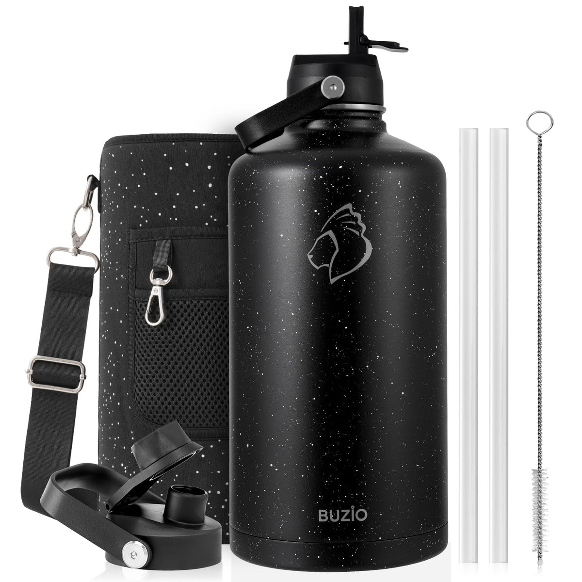 BUZIO 64 oz Insulated Stainless Steel Water Bottle with Dust-proof Lids