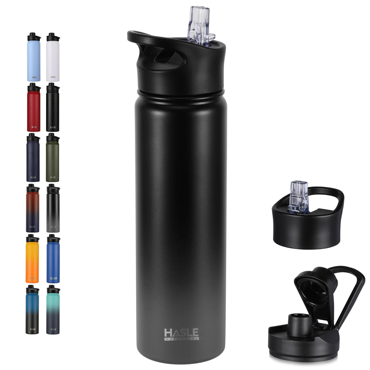 HASLE OUTFITTERS 32 oz Insulated Water Bottle Stainless Steel Double Walled Vacuum Sports Water Bottle with 2 Lids (Straw and Spout Lid) for Gym Camping Hiking(Black,1)