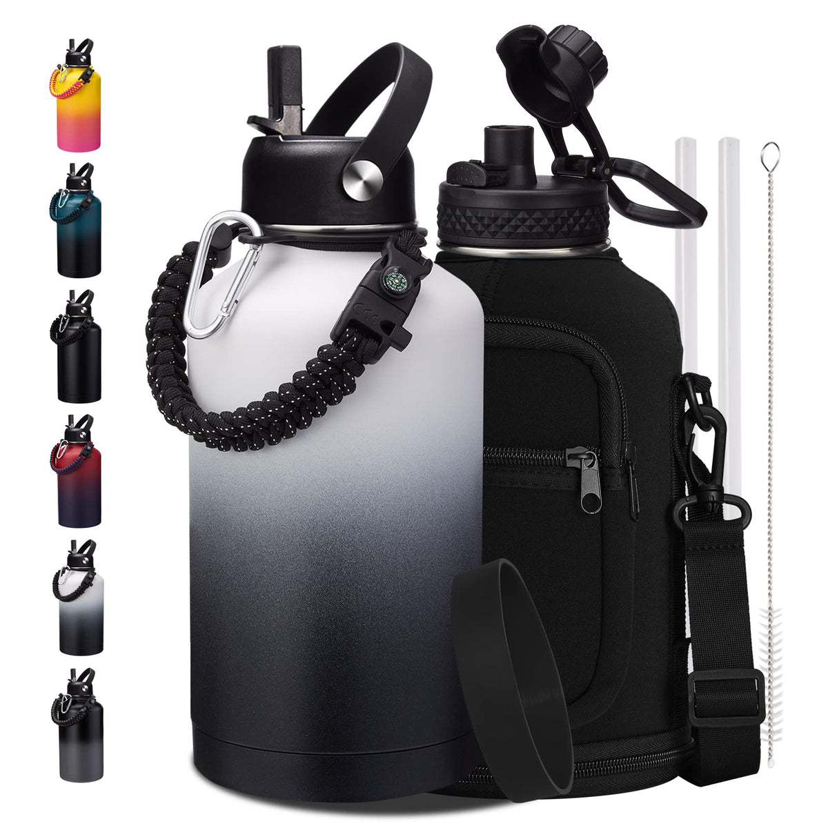 32/40/64OZ Insulated Water Bottle - Keep Cold 48H Hot 24H, Combo Straw/Spout Lids, Paracord Handle for Gym/Hiking, Carrier Bag +Strap, Cup Mat, BPA-Free Stainless Steel Flask Jug
