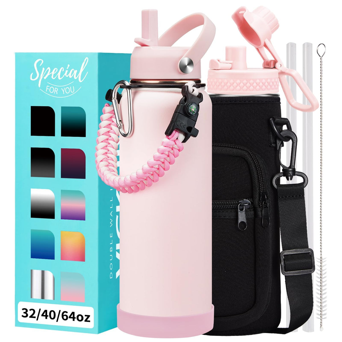 32/40/64OZ Insulated Water Bottle - Keep Cold 48H Hot 24H, Combo Straw/Spout Lids, Paracord Handle for Gym/Hiking, Carrier Bag +Strap, Cup Mat, BPA-Free Stainless Steel Flask Jug