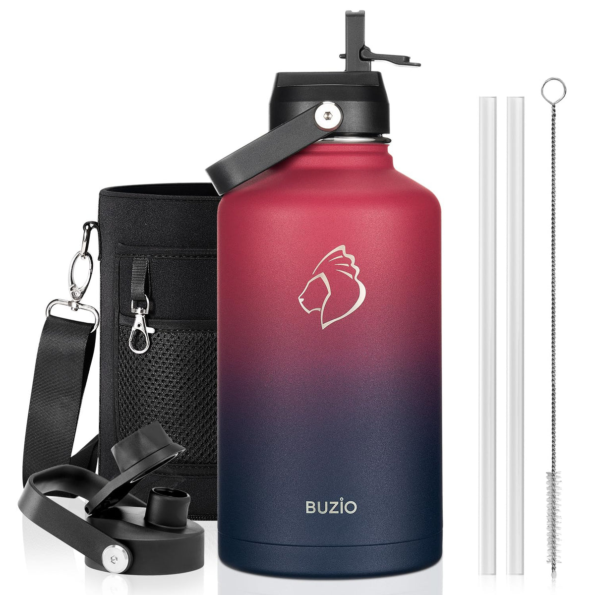 BUZIO 64 oz Insulated Stainless Steel Water Bottle with Dust-proof Lids