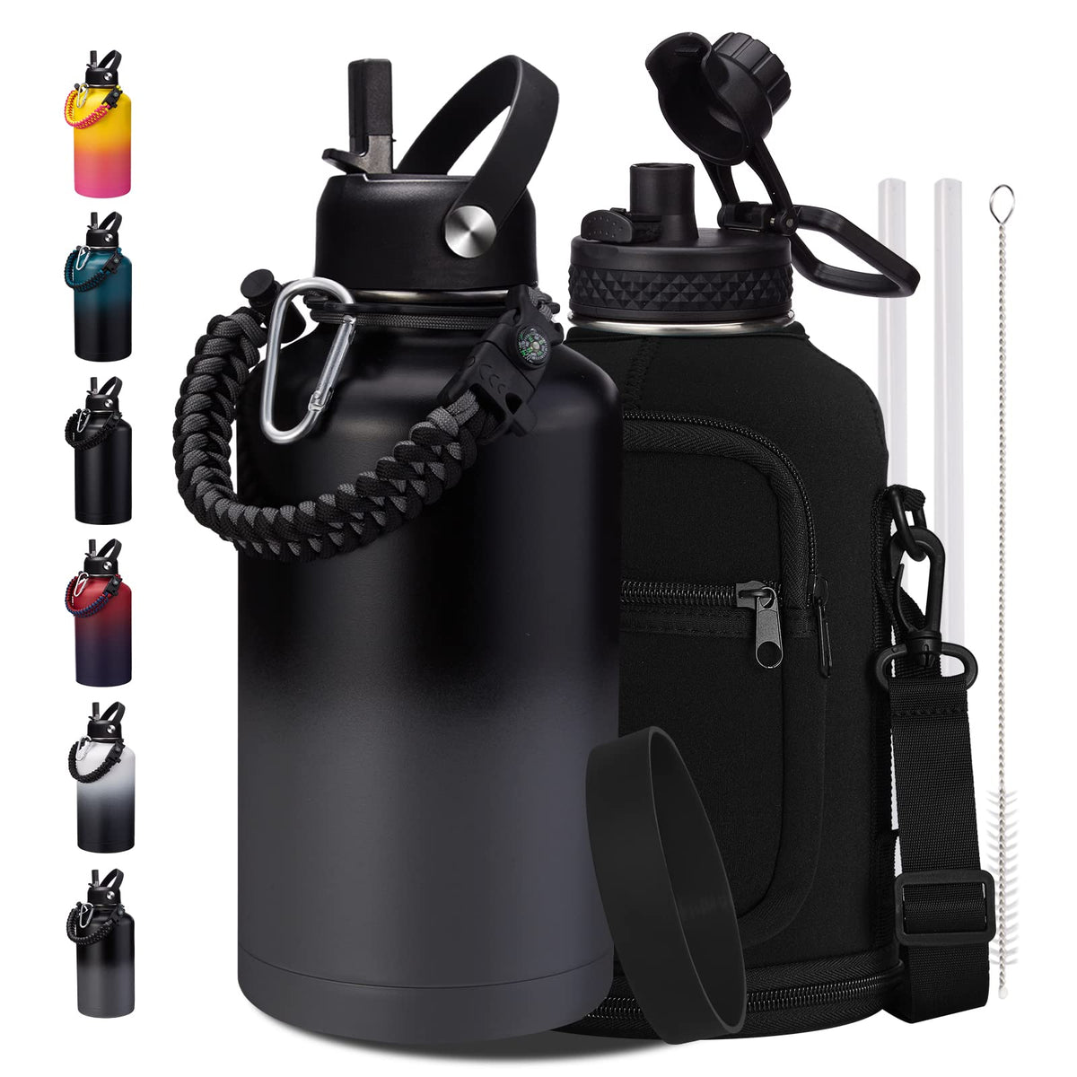 32/40/64OZ Insulated Water Bottle - Keep Cold 48H Hot 24H, Combo Straw/Spout Lids, Paracord Handle for Gym/Hiking, Carrier Bag +Strap, Cup Mat, BPA-Free Stainless Steel Flask Jug