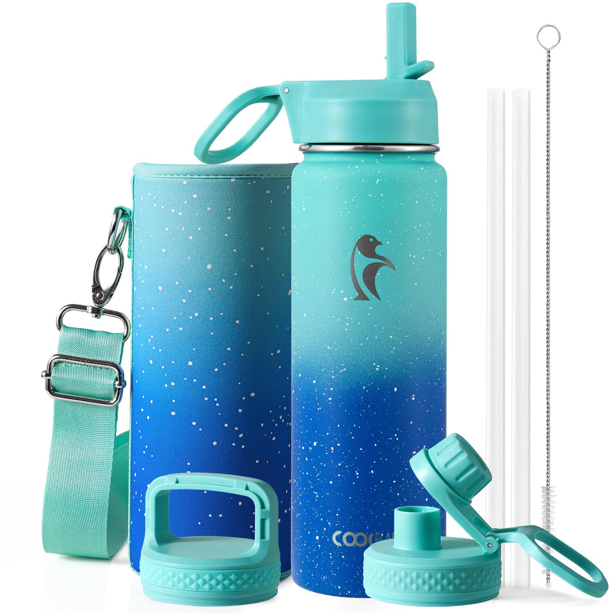 Coolflask 40 oz Water Bottle Insulated with Straw & 3 Leakproof Lids