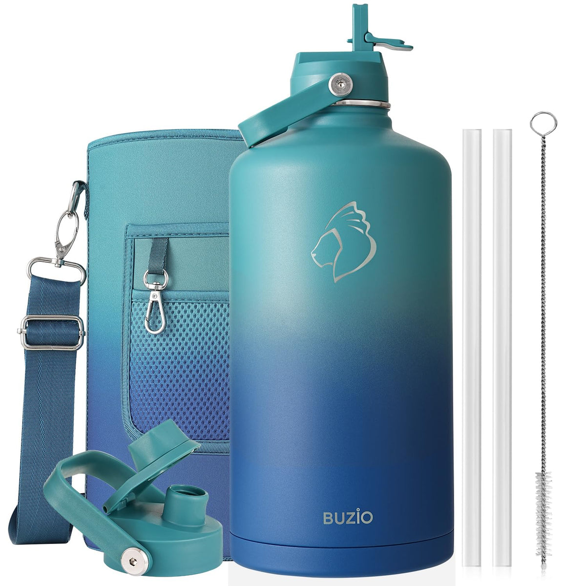 BUZIO 64 oz Insulated Stainless Steel Water Bottle with Dust-proof Lids