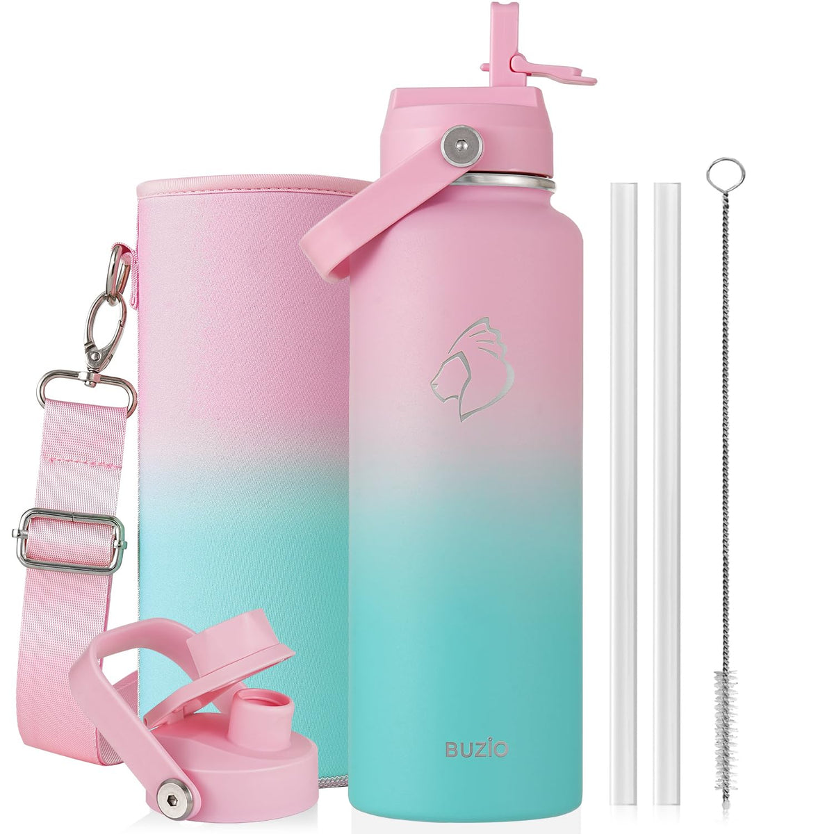 BUZIO 64 oz Insulated Stainless Steel Water Bottle with Dust-proof Lids