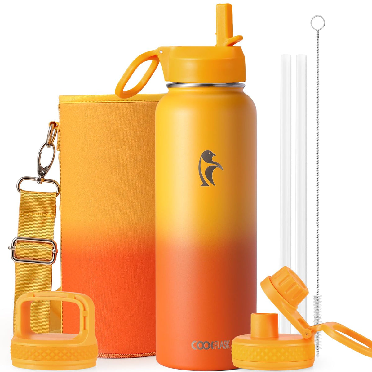 Coolflask Half Gallon Water Bottle Insulated with Straw & 3 Leakproof Lids
