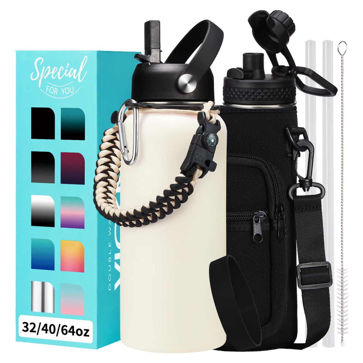 32/40/64OZ Insulated Water Bottle - Keep Cold 48H Hot 24H, Combo Straw/Spout Lids, Paracord Handle for Gym/Hiking, Carrier Bag +Strap, Cup Mat, BPA-Free Stainless Steel Flask Jug