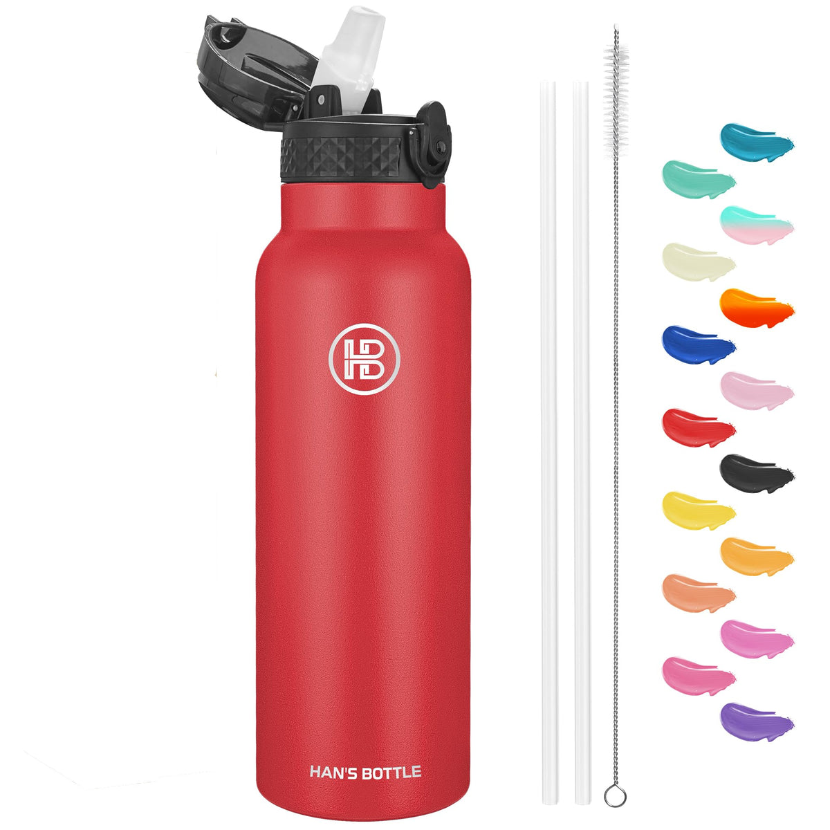 Han's Bottle Sports Water Bottle - 24 Oz, Straw Lid, Leak Proof, Vacuum Insulated Stainless Steel, Double Walled, Thermo Mug,Black