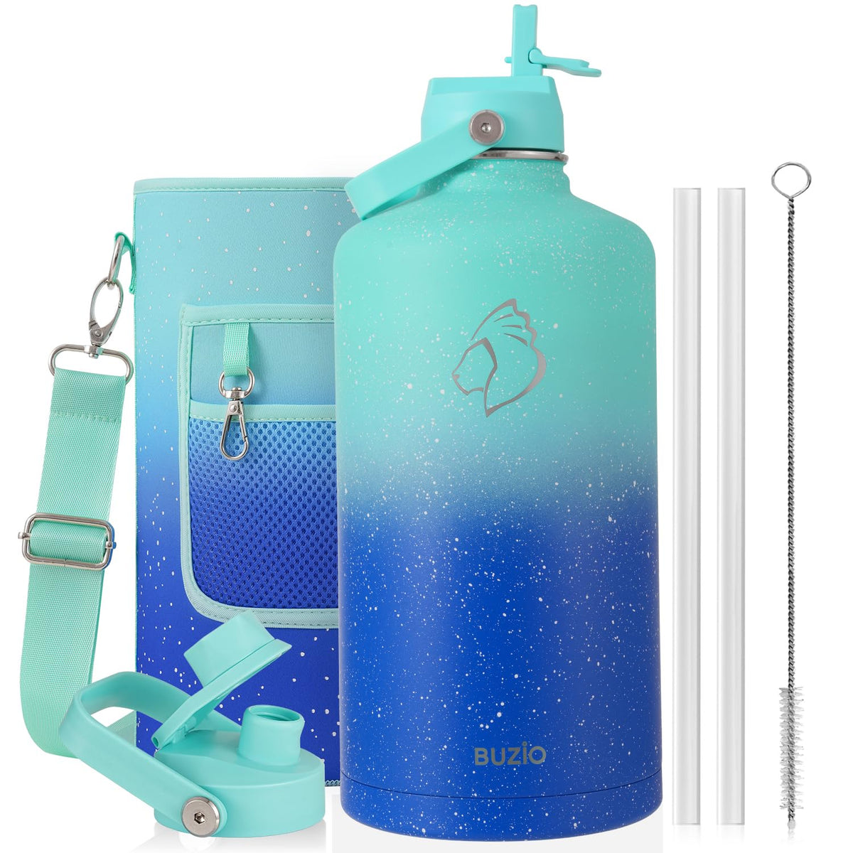 BUZIO 64 oz Insulated Stainless Steel Water Bottle with Dust-proof Lids