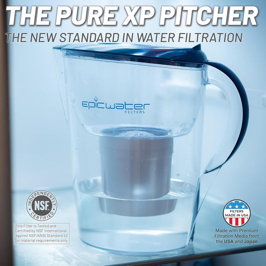 Epic Water Filters Pure Filter Pitchers for Drinking Water, 10 Cup 150 Gallon Filter, Tritan BPA Free, Reduces Fluoride, Chlorine, Lead, Forever Chemicals (Navy Blue XP)