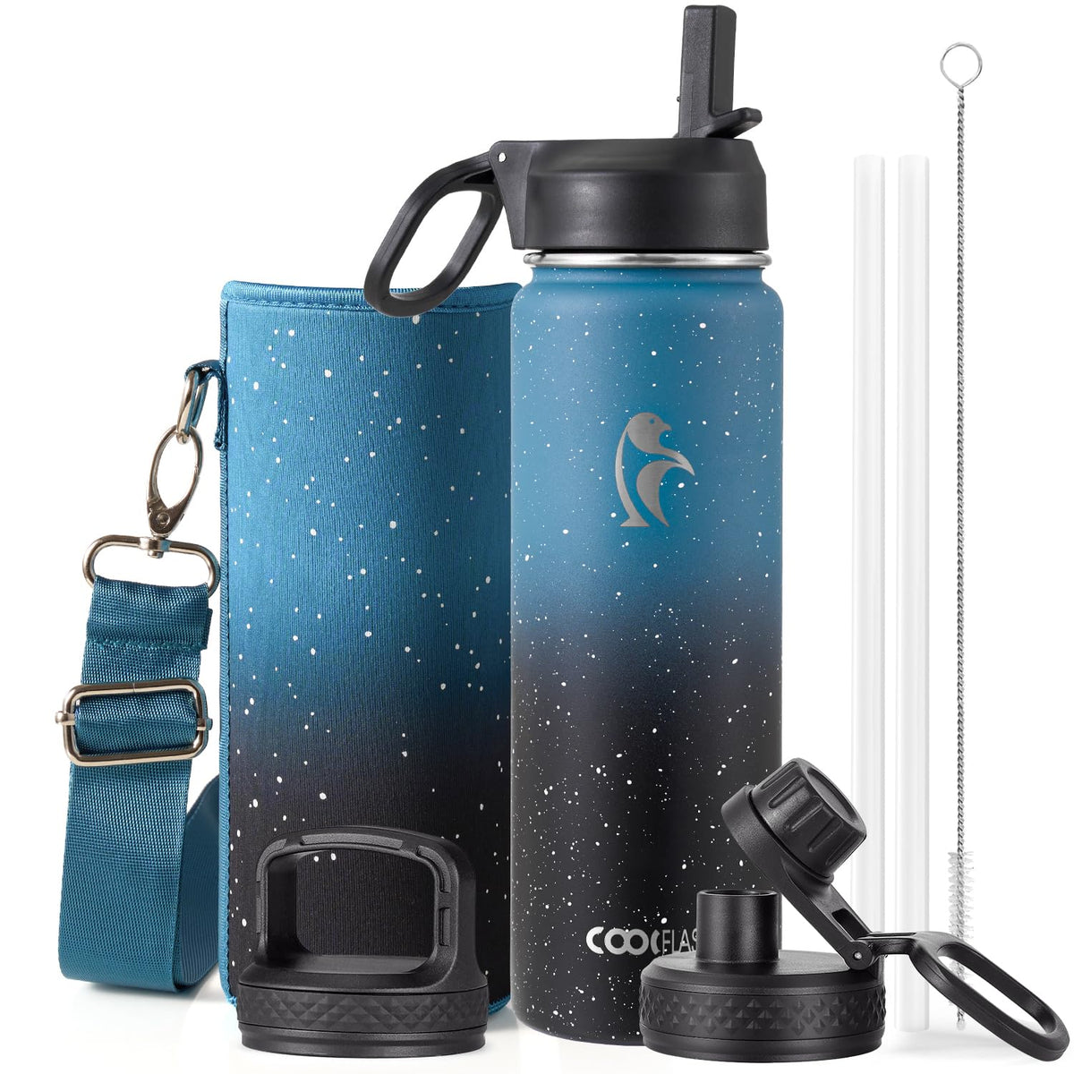 Coolflask 40 oz Water Bottle Insulated with Straw & 3 Leakproof Lids