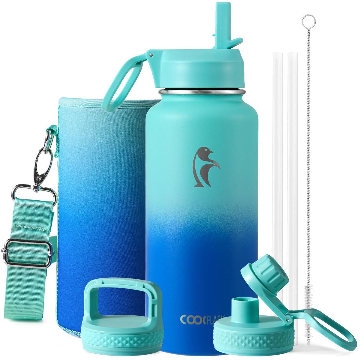 Coolflask Half Gallon Water Bottle Insulated with Straw & 3 Leakproof Lids