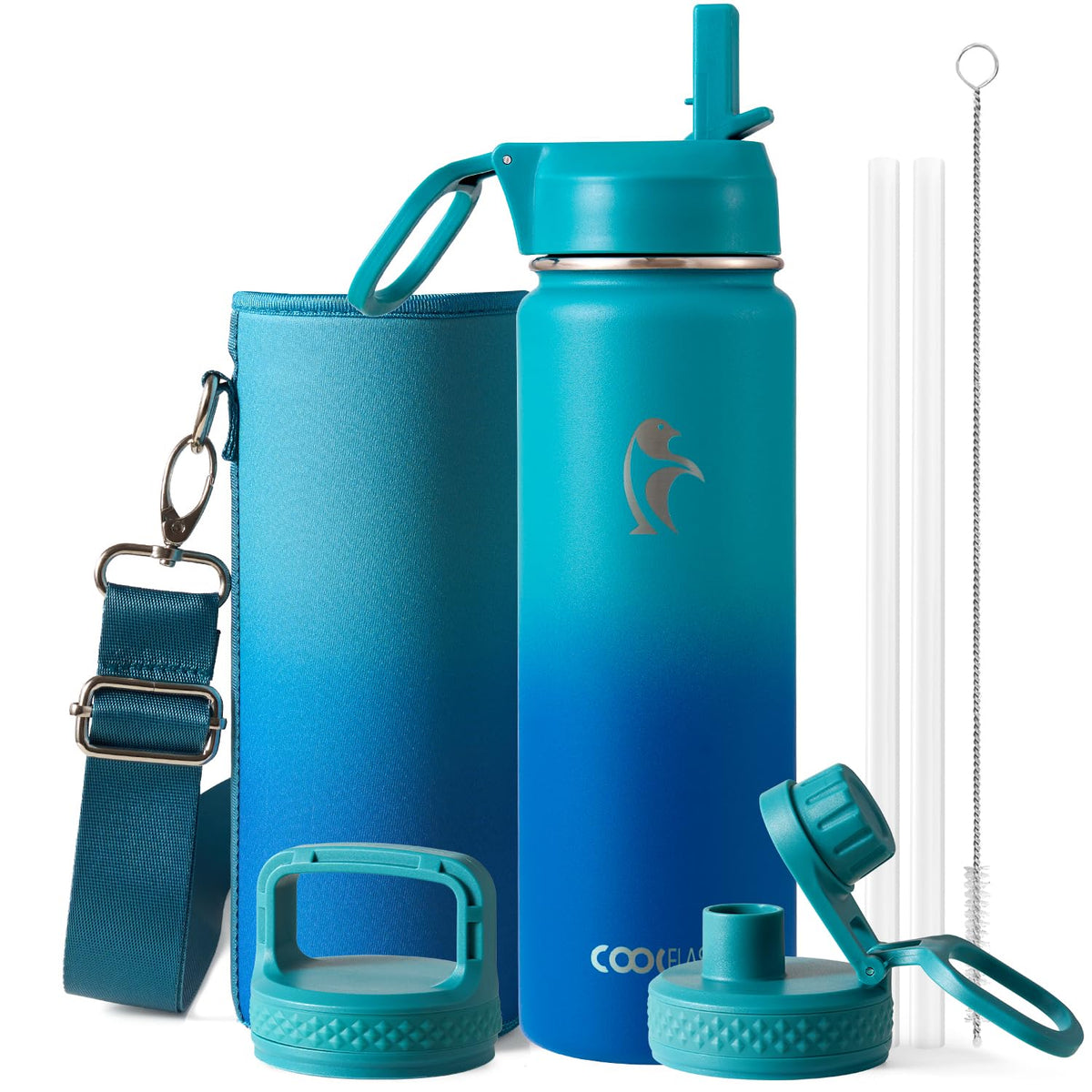Coolflask Half Gallon Water Bottle Insulated with Straw & 3 Leakproof Lids