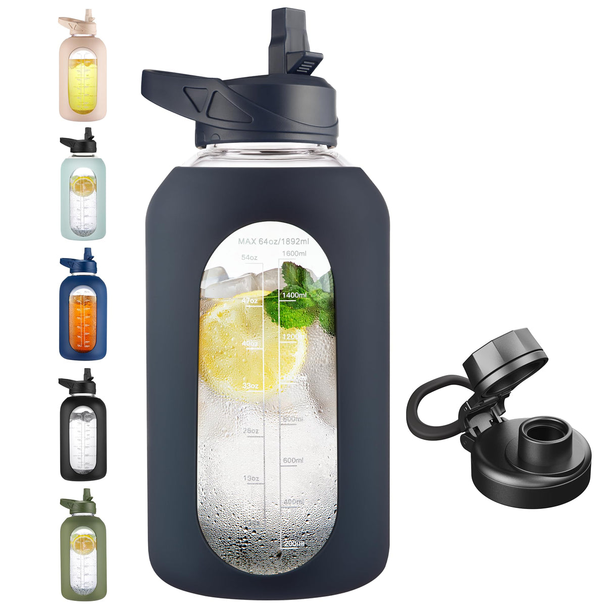 CIVAGO 64 oz Glass Water Bottle with Straw, Half Gallon Large Water Jug