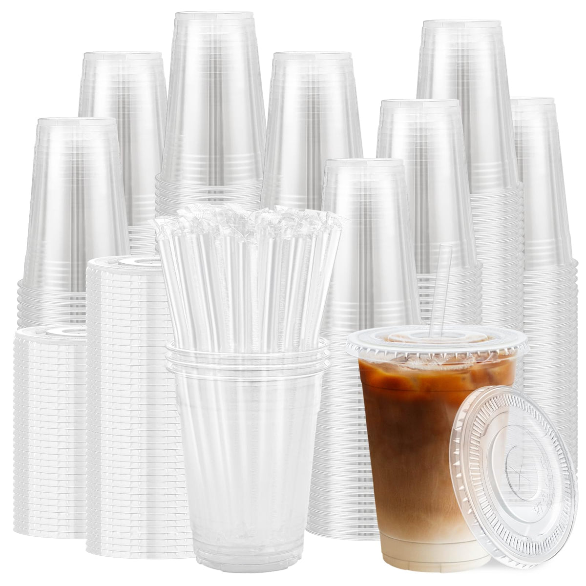 Lamosi 100 Pack 16 oz Clear Plastic Cups with Lids and Straws