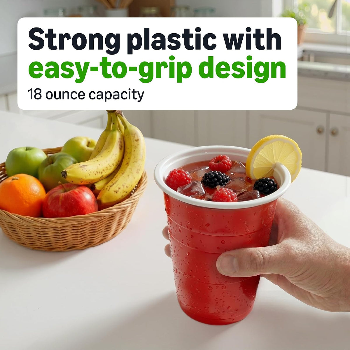 Amazon Basics Disposable Plastic Party Cups, Red, 18oz, 50 Count, Packaging May Vary