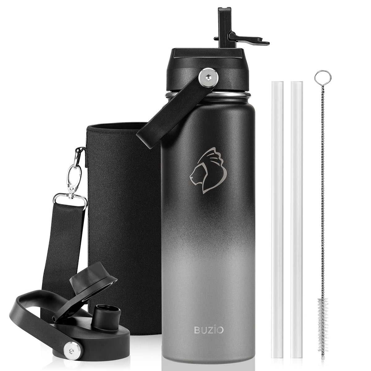 BUZIO 64 oz Insulated Stainless Steel Water Bottle with Dust-proof Lids