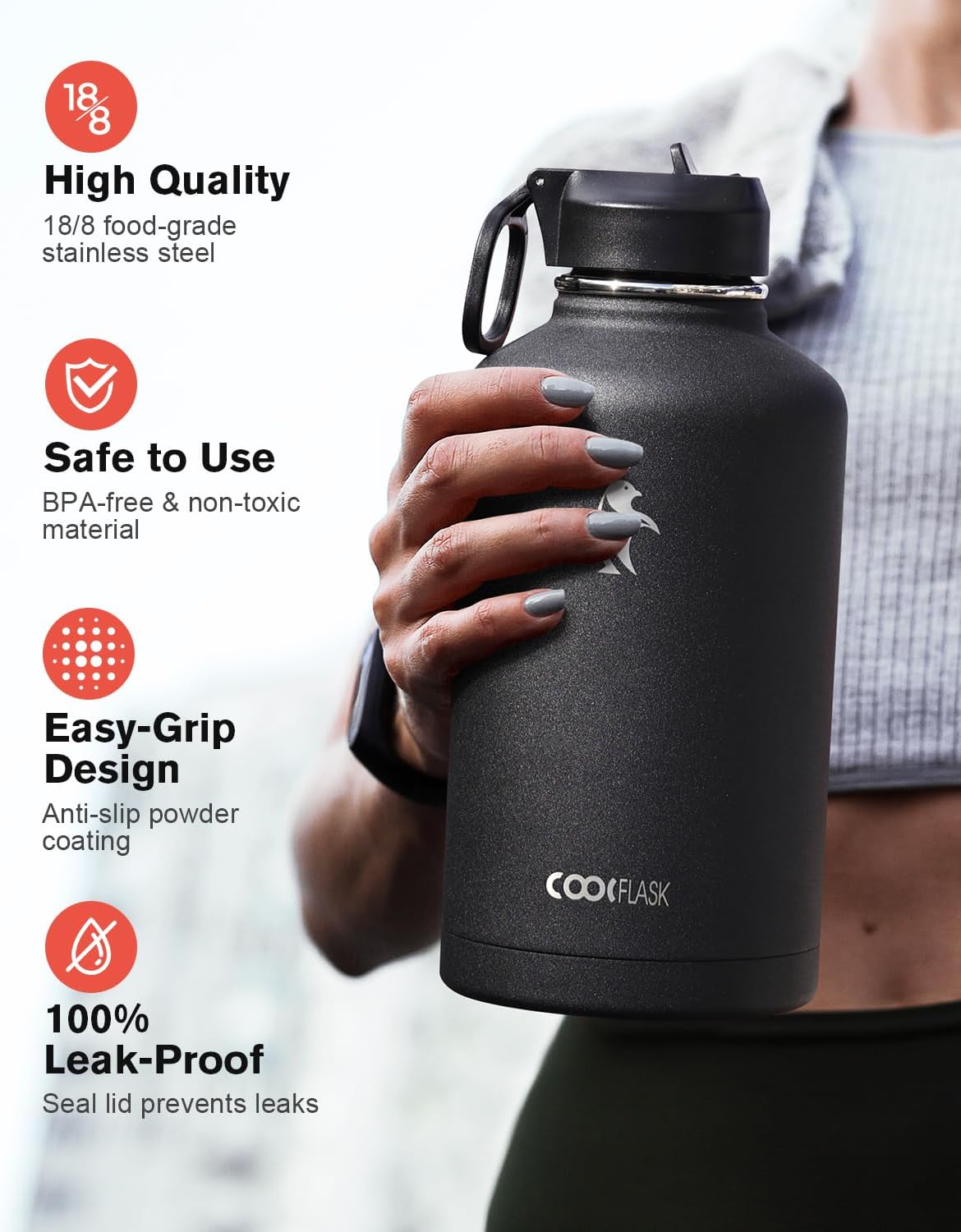 Coolflask Half Gallon Water Bottle Insulated with Straw & 3 Leakproof Lids