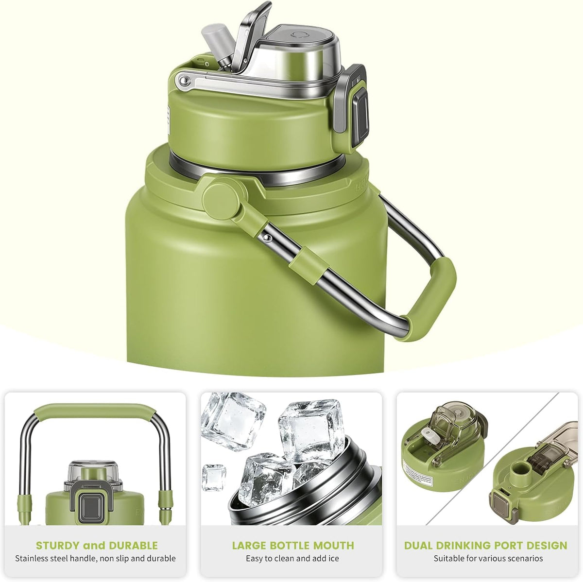 85 oz Insulated Water Bottle, Large Metal Water Jug with Stainless Steel Handle, Double Layer Vacuum Sports Water Flask with Straw & Spout Lids, for Gym, Camping, Outdoor (Green)