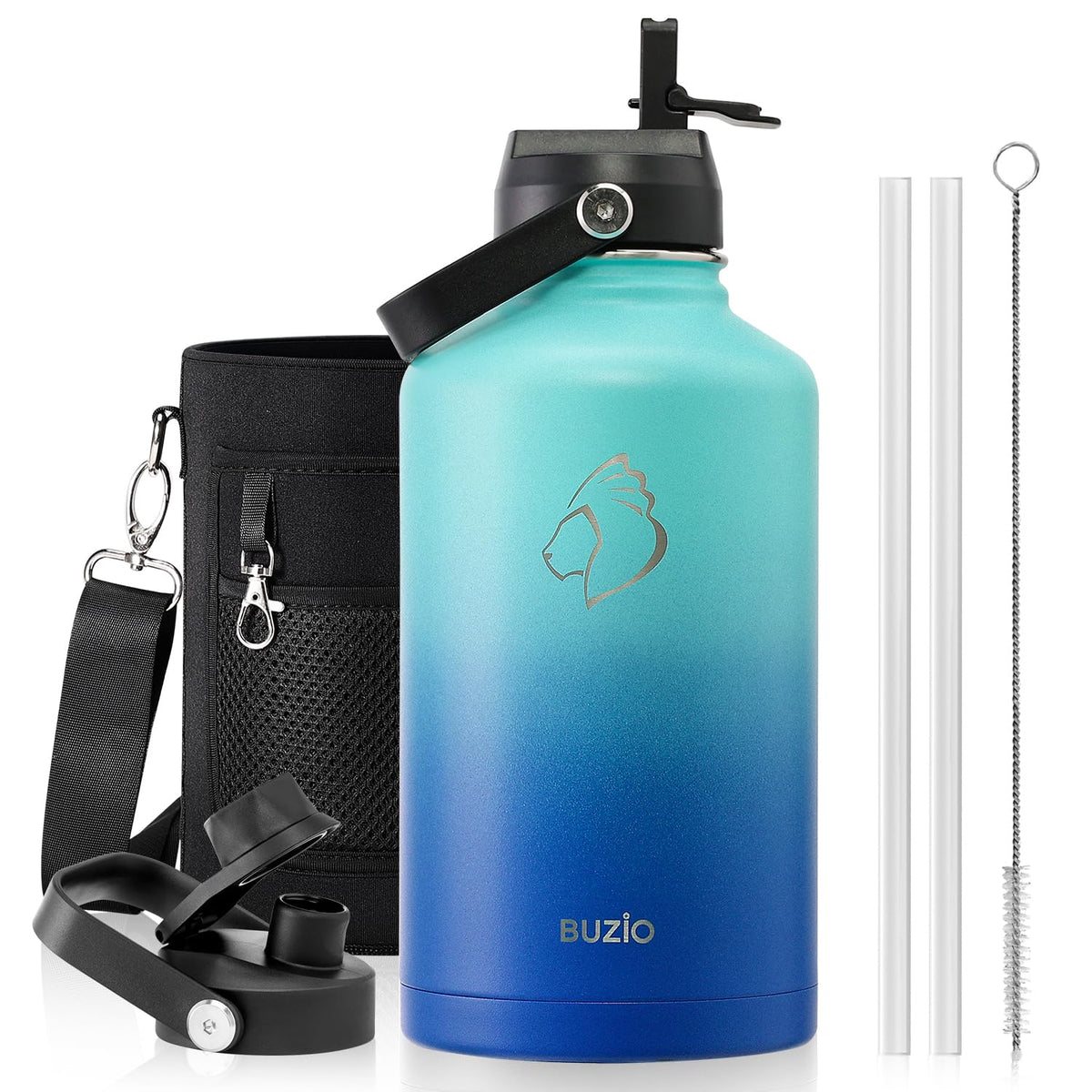 BUZIO 64 oz Insulated Stainless Steel Water Bottle with Dust-proof Lids