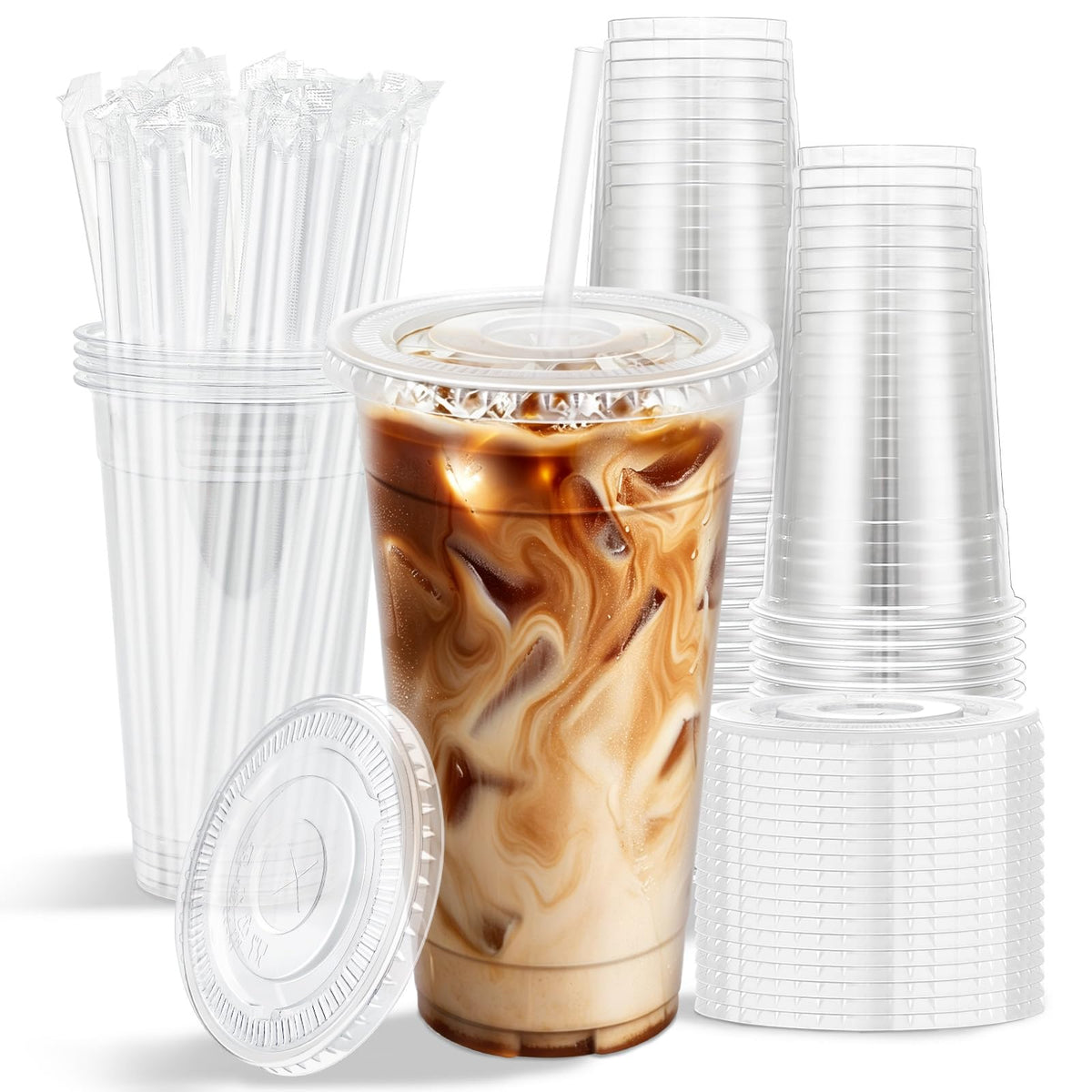 Clawsoff 100 Pack 16 oz Disposable Clear Plastic Cups with Lids and Straws