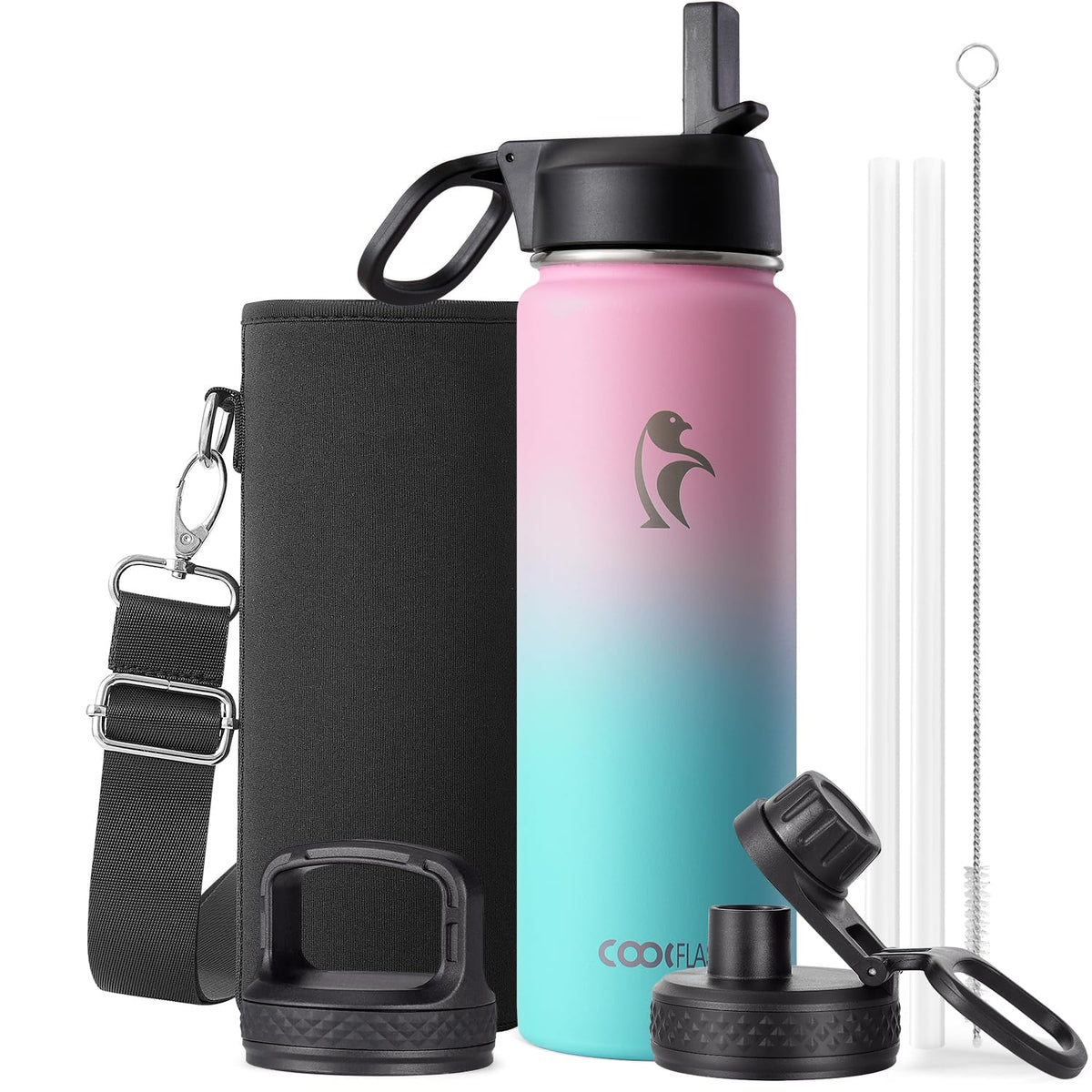 Coolflask 40 oz Water Bottle Insulated with Straw & 3 Leakproof Lids