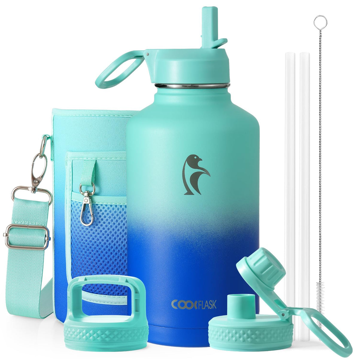Coolflask Half Gallon Water Bottle Insulated with Straw & 3 Leakproof Lids