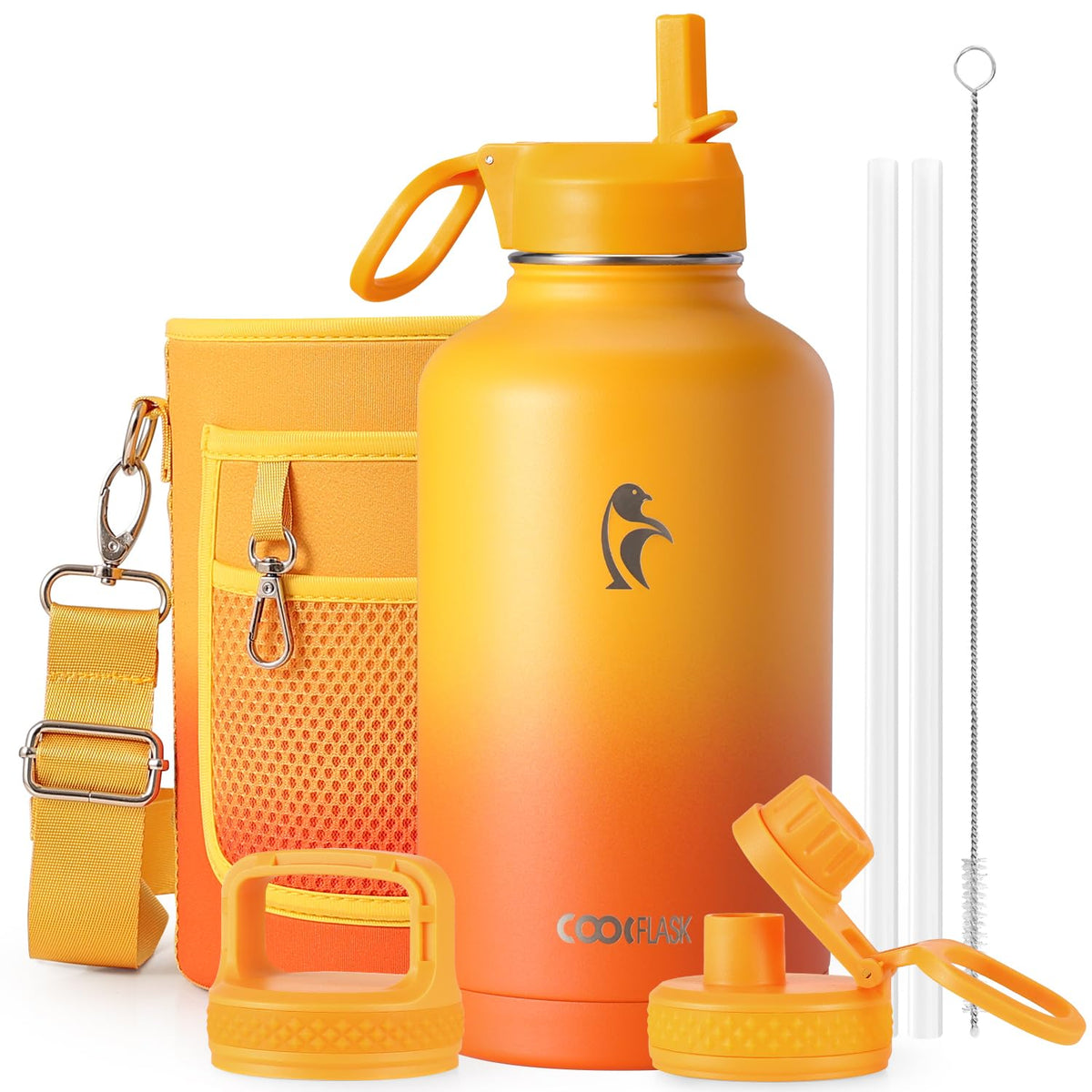 Coolflask Half Gallon Water Bottle Insulated with Straw & 3 Leakproof Lids
