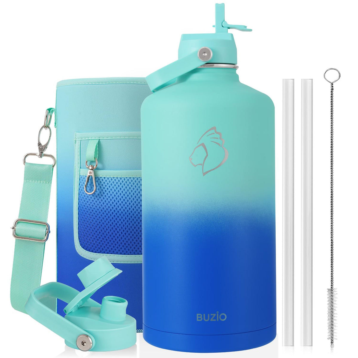 BUZIO 64 oz Insulated Stainless Steel Water Bottle with Dust-proof Lids