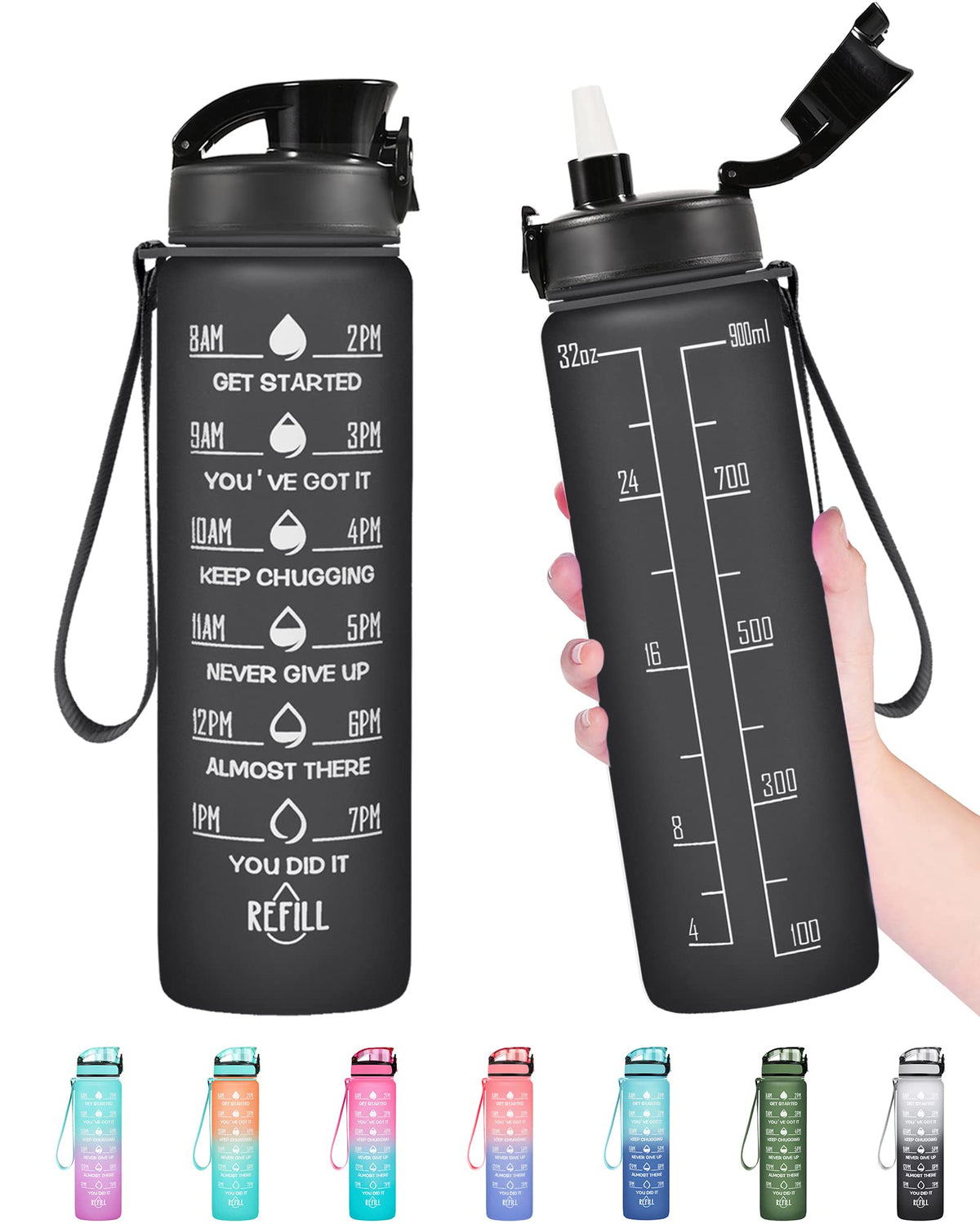 Enerbone Water Bottle, Leakproof BPA & Toxic Free, Motivational Water Bottle with Times to Drink and Straw, Fitness Sports Water Bottle with Strap for Office, Gym, Outdoor Sports