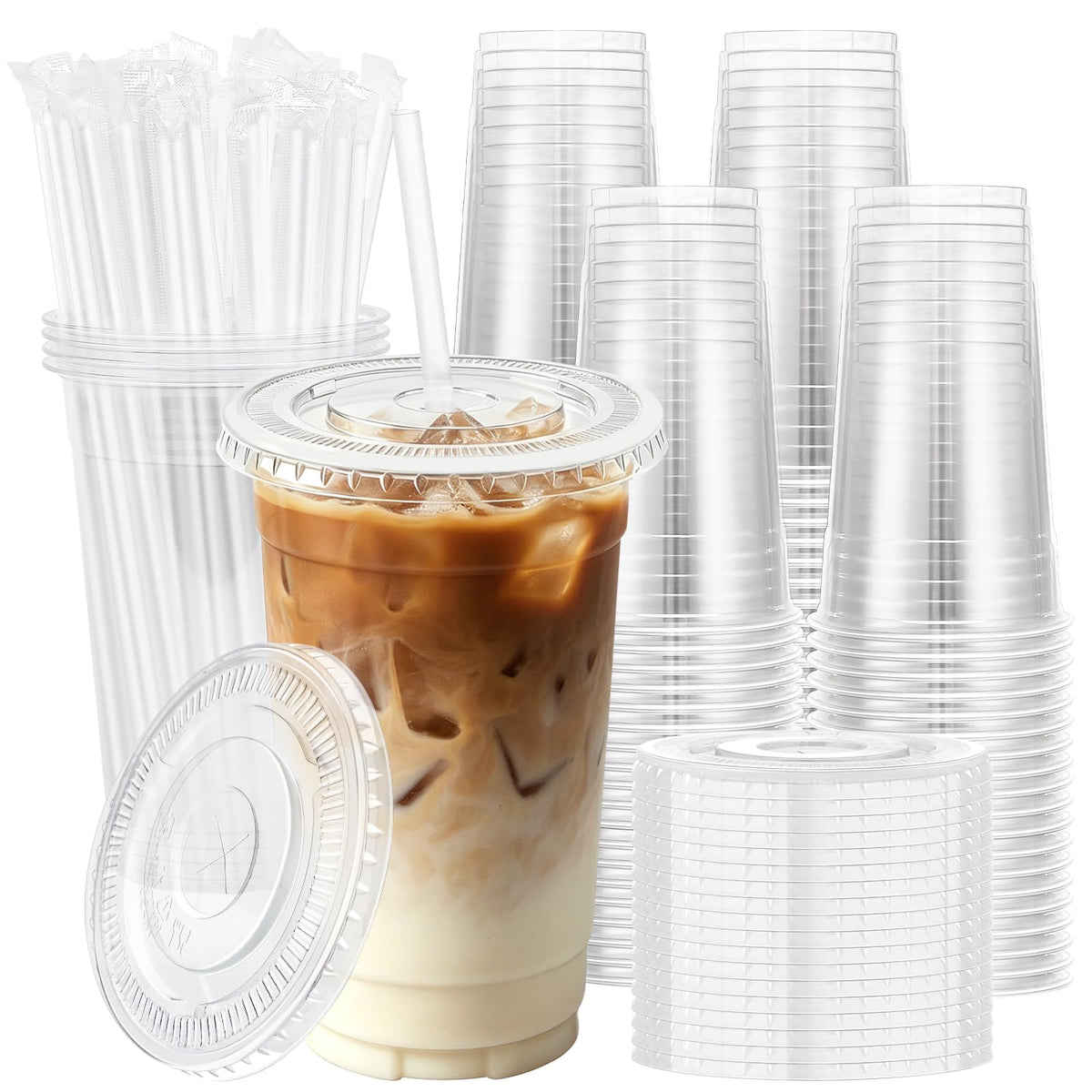 Lamosi 100 Pack 16 oz Clear Plastic Cups with Lids and Straws