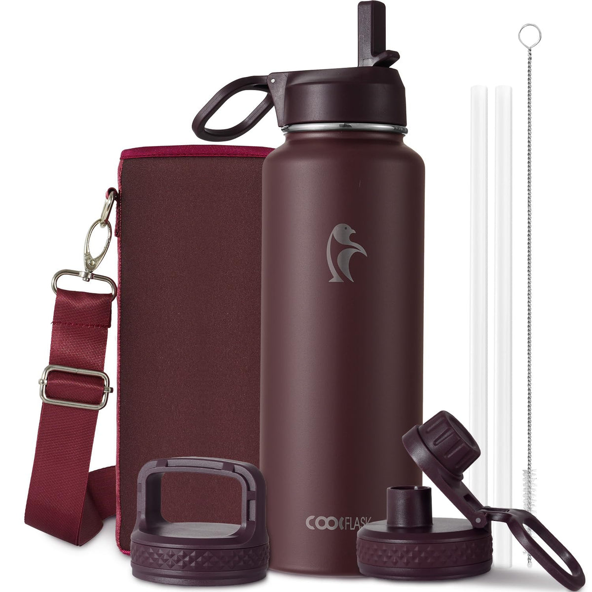 Coolflask 40 oz Water Bottle Insulated with Straw & 3 Leakproof Lids