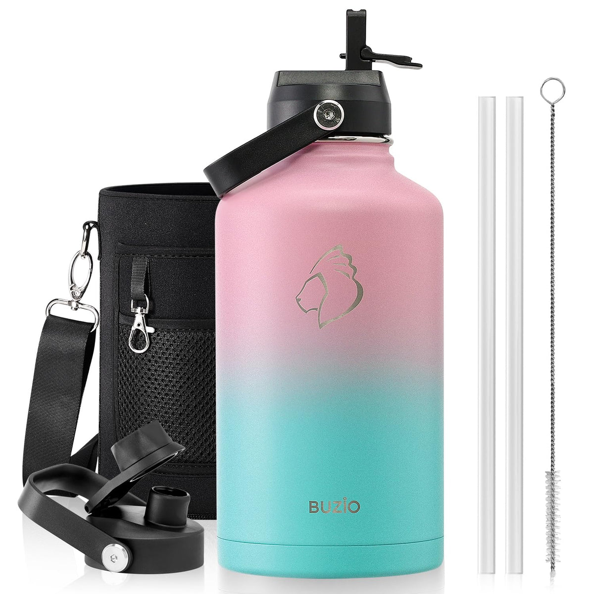 BUZIO 64 oz Insulated Stainless Steel Water Bottle with Dust-proof Lids