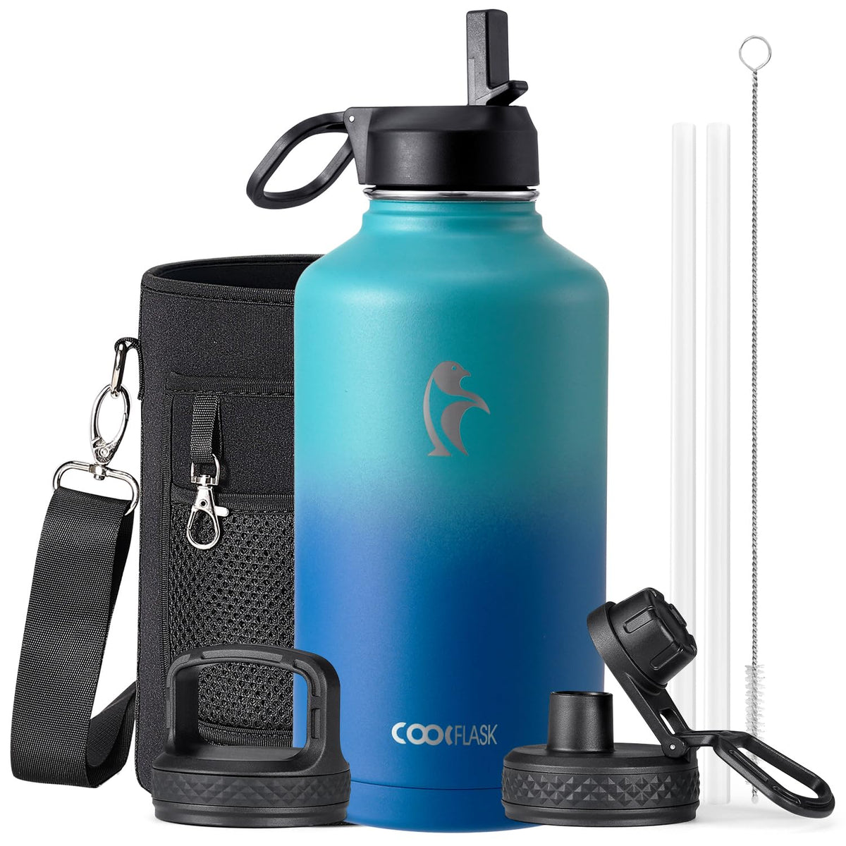 Coolflask Half Gallon Water Bottle Insulated with Straw & 3 Leakproof Lids