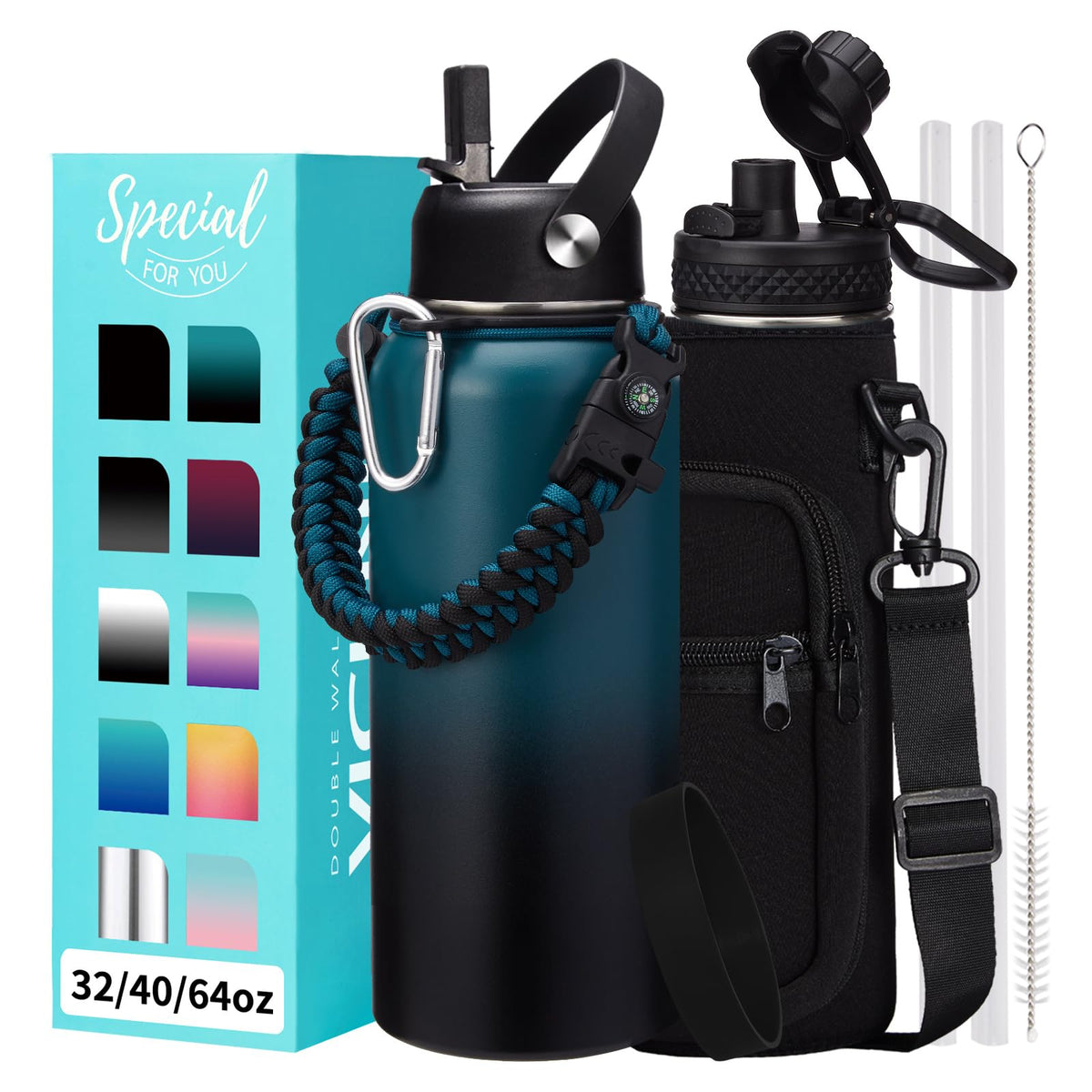 32/40/64OZ Insulated Water Bottle - Keep Cold 48H Hot 24H, Combo Straw/Spout Lids, Paracord Handle for Gym/Hiking, Carrier Bag +Strap, Cup Mat, BPA-Free Stainless Steel Flask Jug