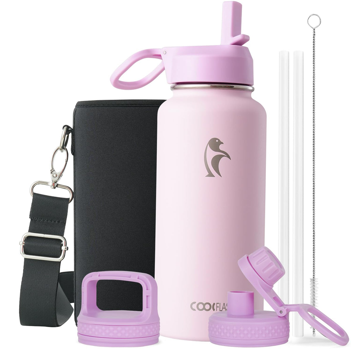 Coolflask Half Gallon Water Bottle Insulated with Straw & 3 Leakproof Lids