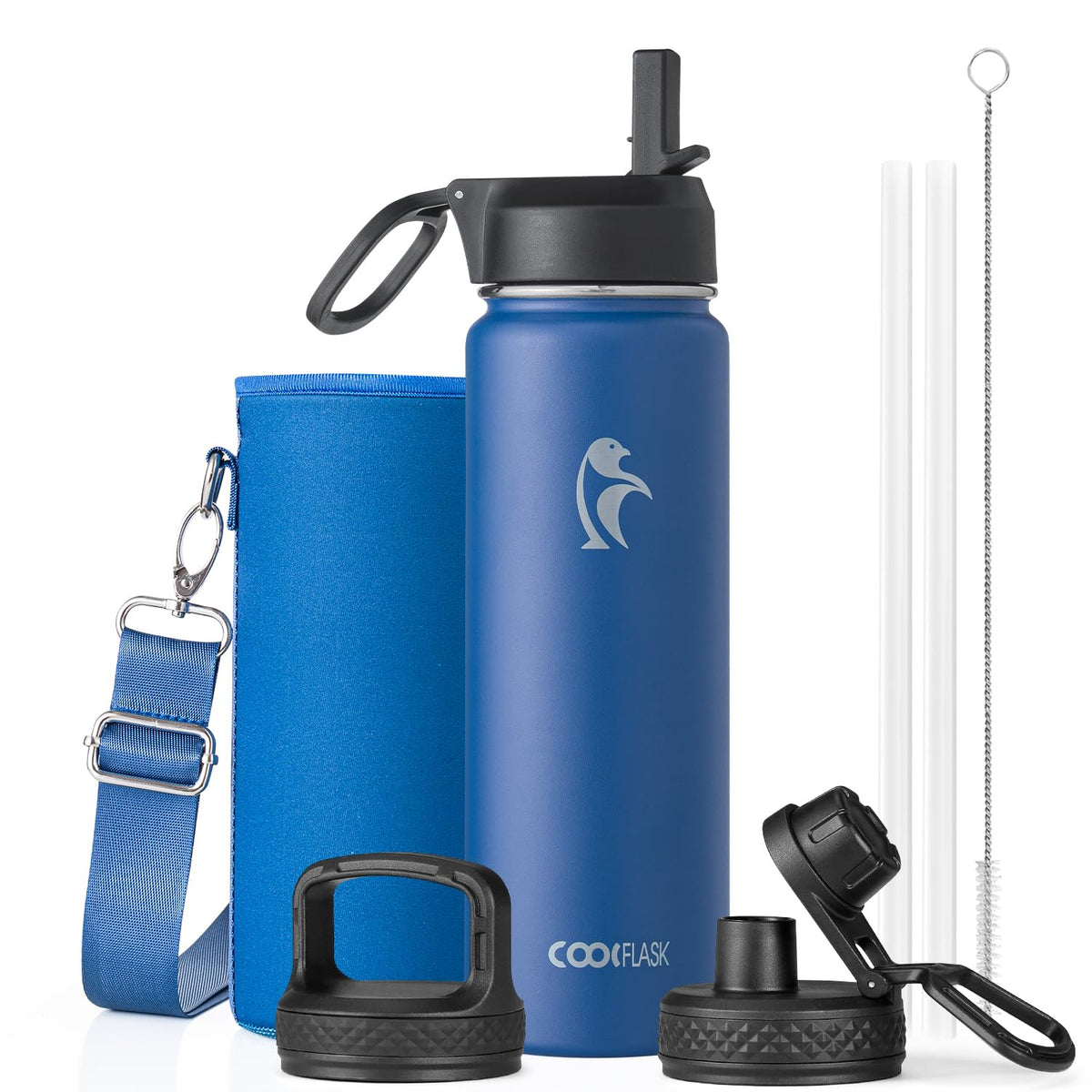 Coolflask 40 oz Water Bottle Insulated with Straw & 3 Leakproof Lids