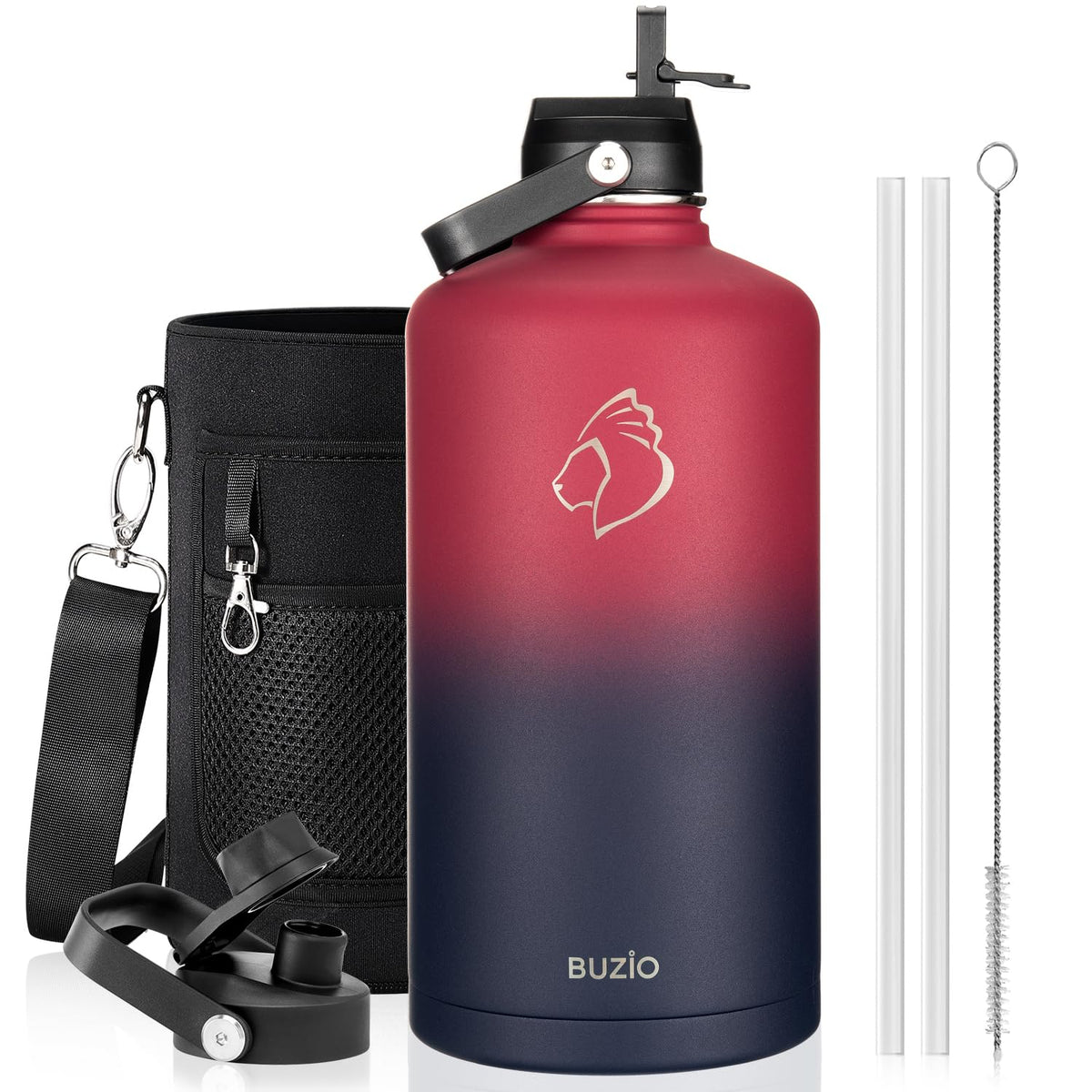 BUZIO 64 oz Insulated Stainless Steel Water Bottle with Dust-proof Lids