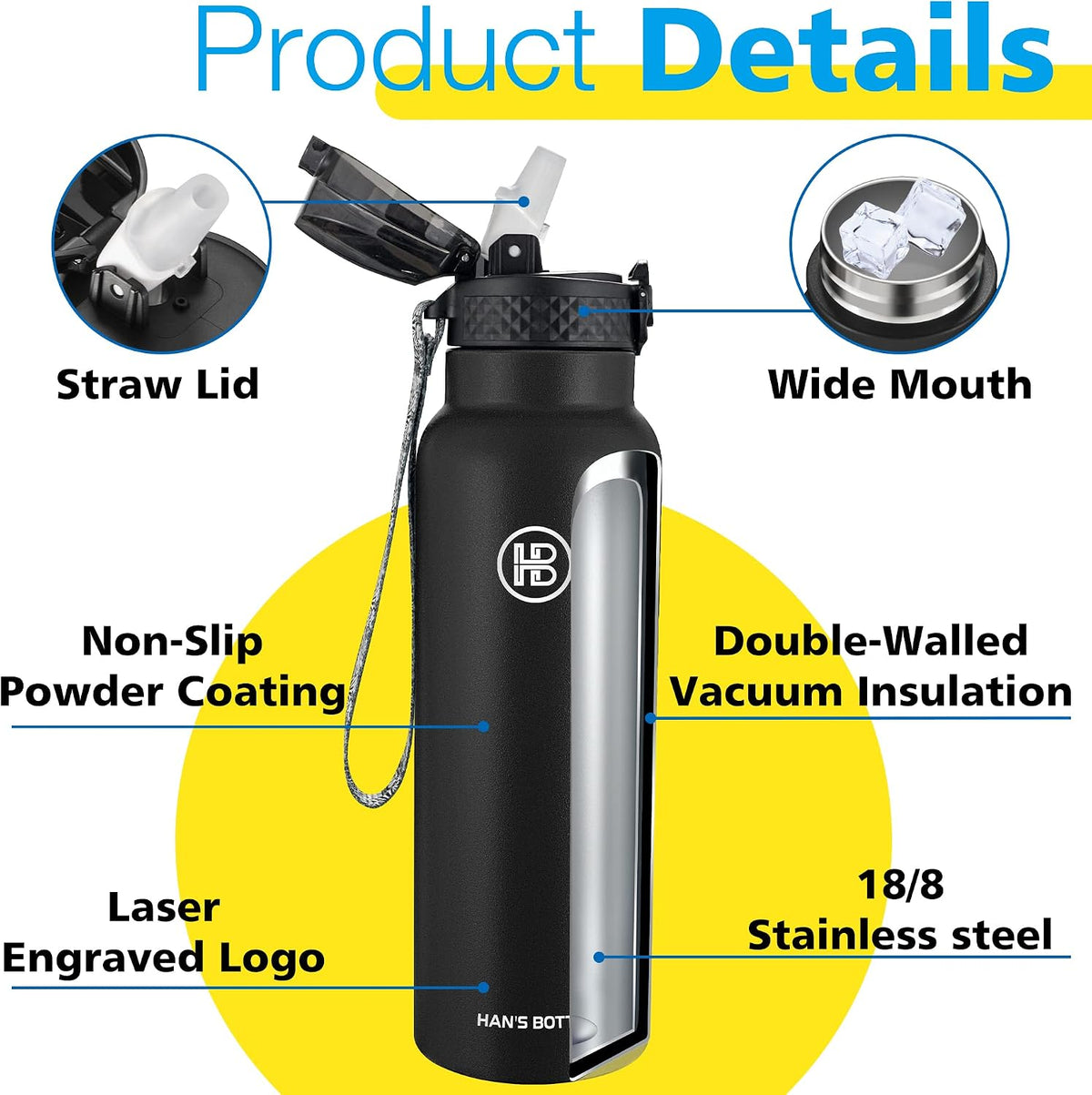 Han's Bottle Sports Water Bottle - 24 Oz, Straw Lid, Leak Proof, Vacuum Insulated Stainless Steel, Double Walled, Thermo Mug,Black