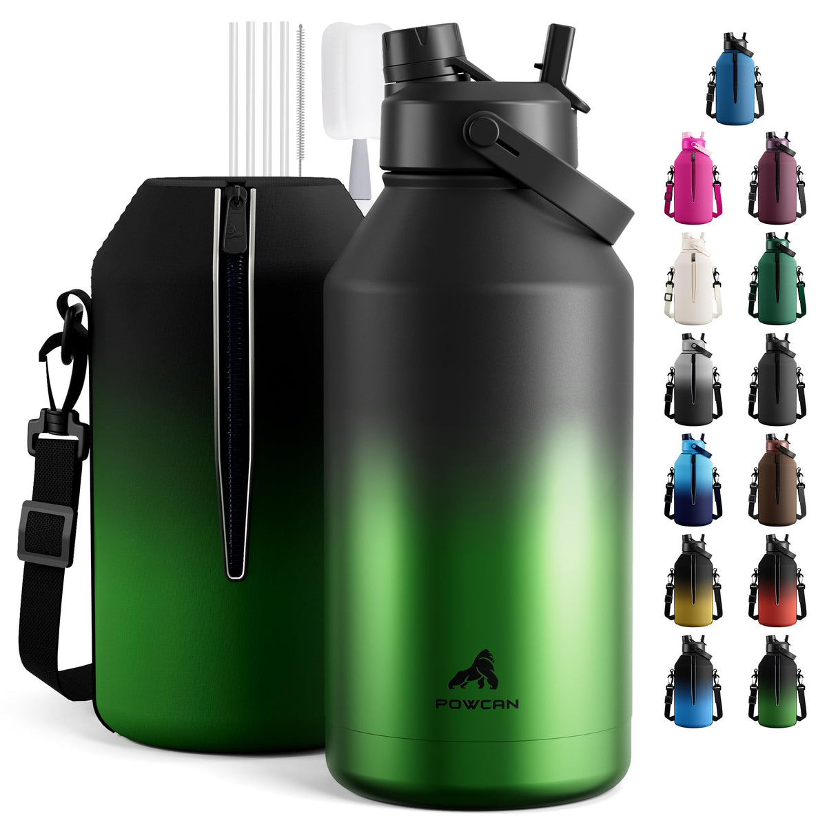 POWCAN 64 oz Insulated Water Bottle for Sports: 2-in-1 Straw & Spout Lid, Leakproof, Carrier Bag, Shoulder Strap, Keep Cold 48H, BPA-Free, Half Gallon Metal Water Jug for Gym, Travel, Gift (Midnight)