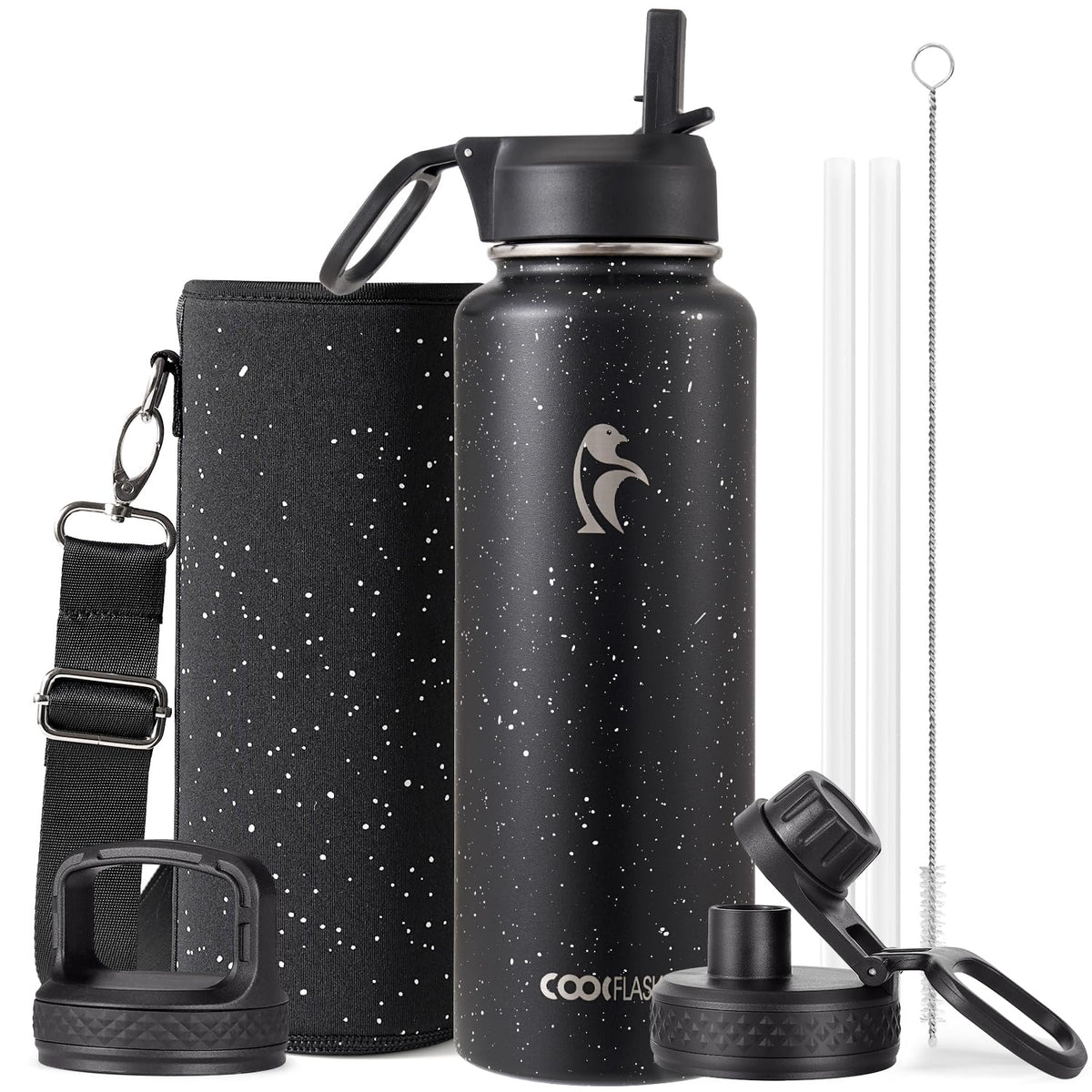 Coolflask 40 oz Water Bottle Insulated with Straw & 3 Leakproof Lids