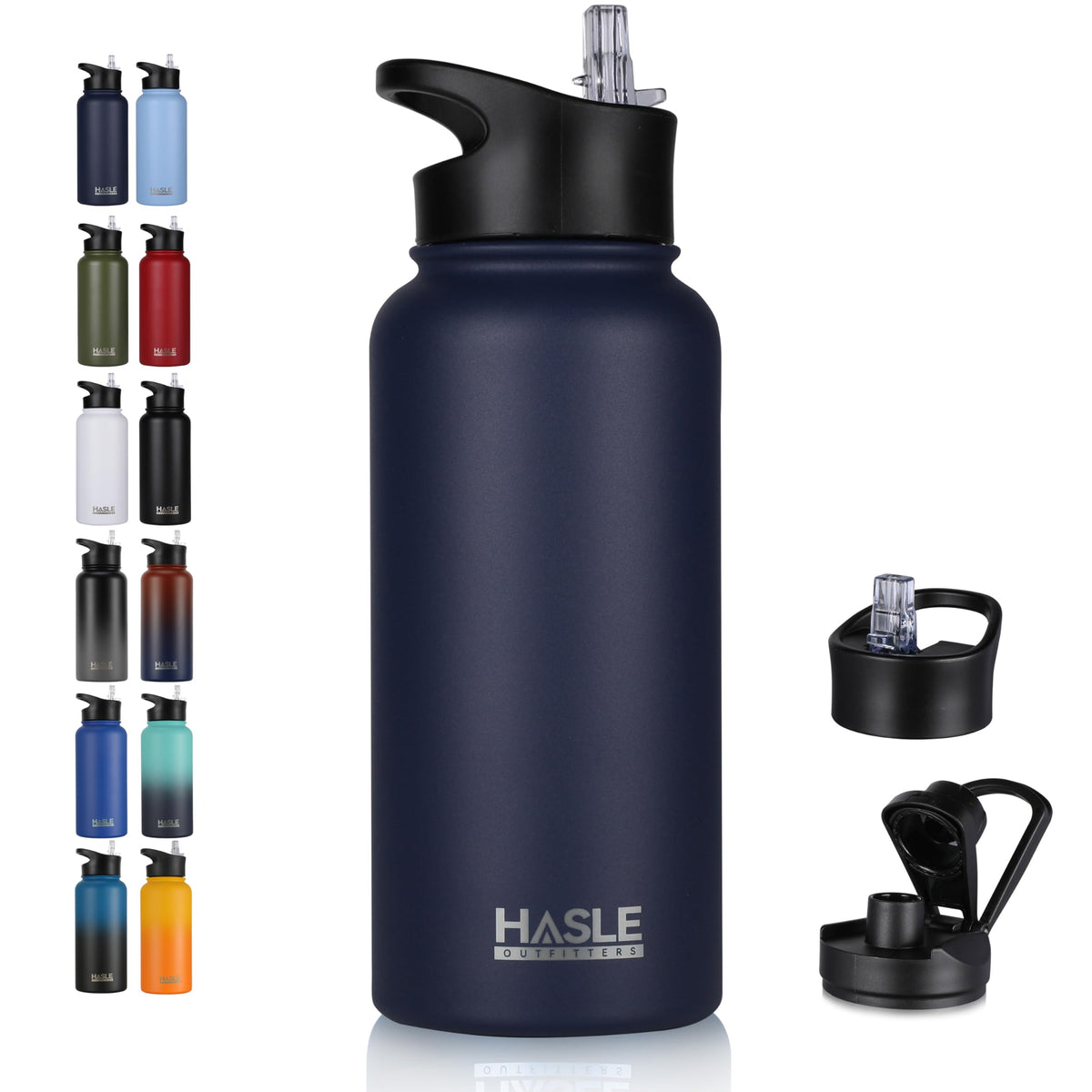 HASLE OUTFITTERS 32 oz Insulated Water Bottle Stainless Steel Double Walled Vacuum Sports Water Bottle with 2 Lids (Straw and Spout Lid) for Gym Camping Hiking(Black,1)