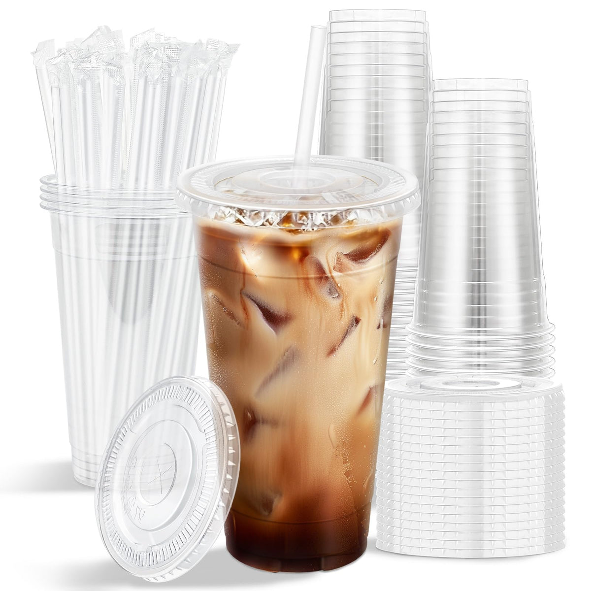 Clawsoff 100 Pack 16 oz Disposable Clear Plastic Cups with Lids and Straws