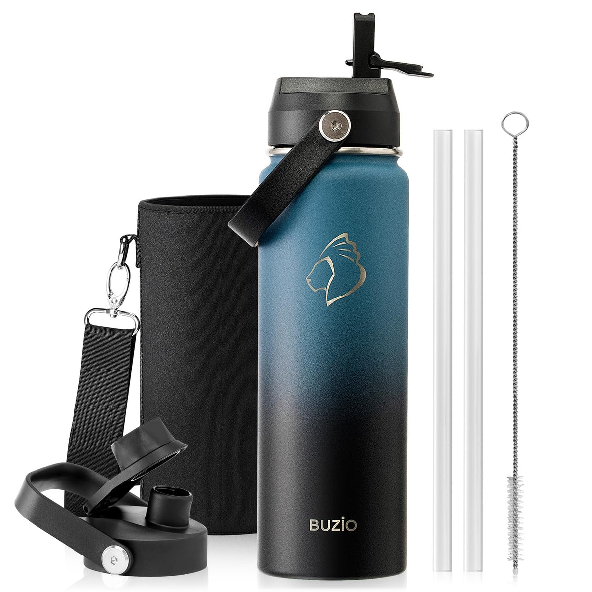 BUZIO 64 oz Insulated Stainless Steel Water Bottle with Dust-proof Lids